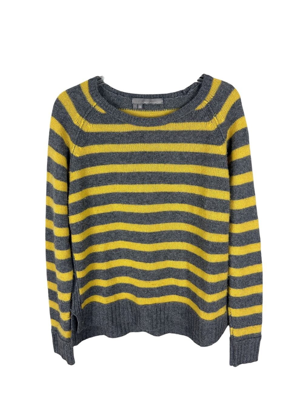 360 Cashmere Long Sleeve Crew Neck Cashmere Grey Yellow Preppy Striepd Sweater L